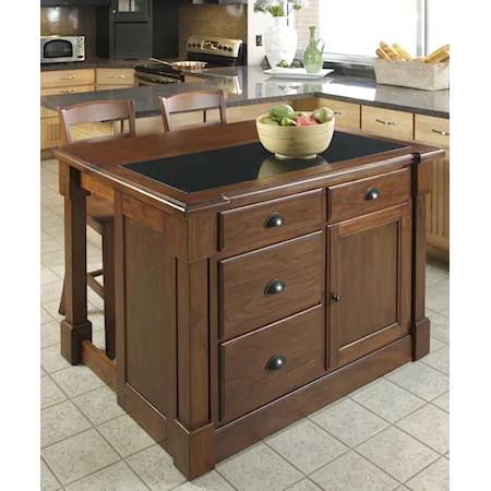 Granite Top Kitchen Island and Bar Stool Set with 2 Stools and Drop Down Back Bar Extension